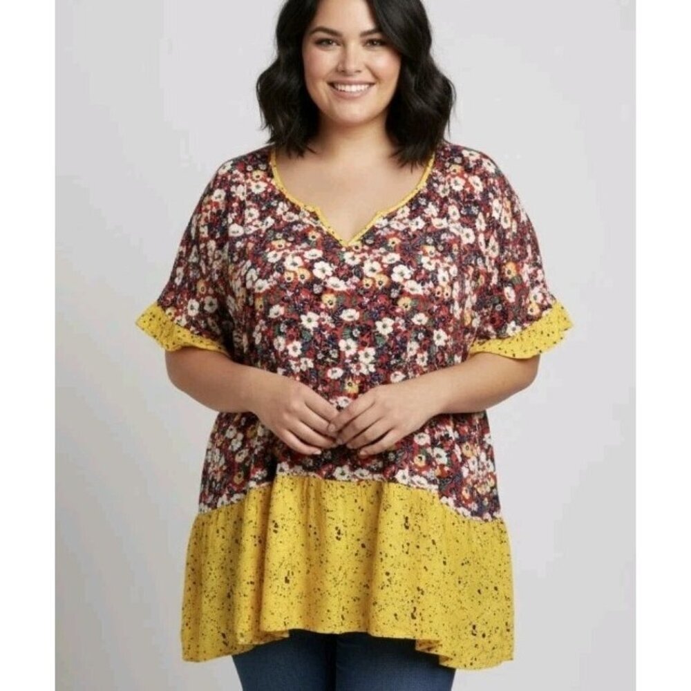 Suzanne Betro NWT Vibrant Floral Babydoll Tunic Short sleeve Top Size 2X